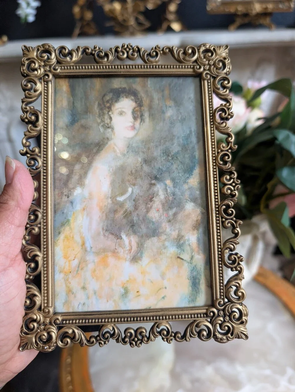 Vintage Small Metal Ornate Photo Frame w/  VTG Style Moody Victorian lady Print